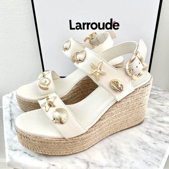 🐚 LARROUDE Rosewood Hotel Madison Espadrille Wedge Sandals Gold Seashell Charms - Picture 7 of 14